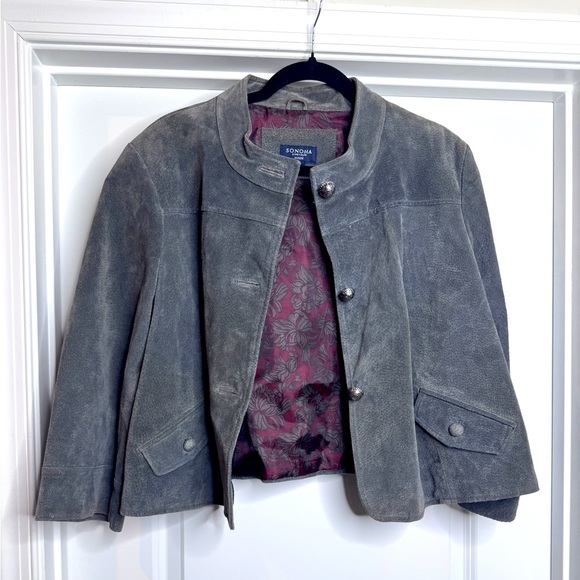 Sonoma Life + Style Women's Grey Suede Cropped Jacket Button 3/4 Sleeve Sz XL - Picture 1 of 6